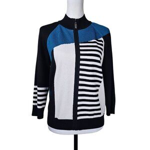St. John Santana Knit Full Zip Jacket S 3/4 Sleeve Artsy Patchwork Stripe Preppy